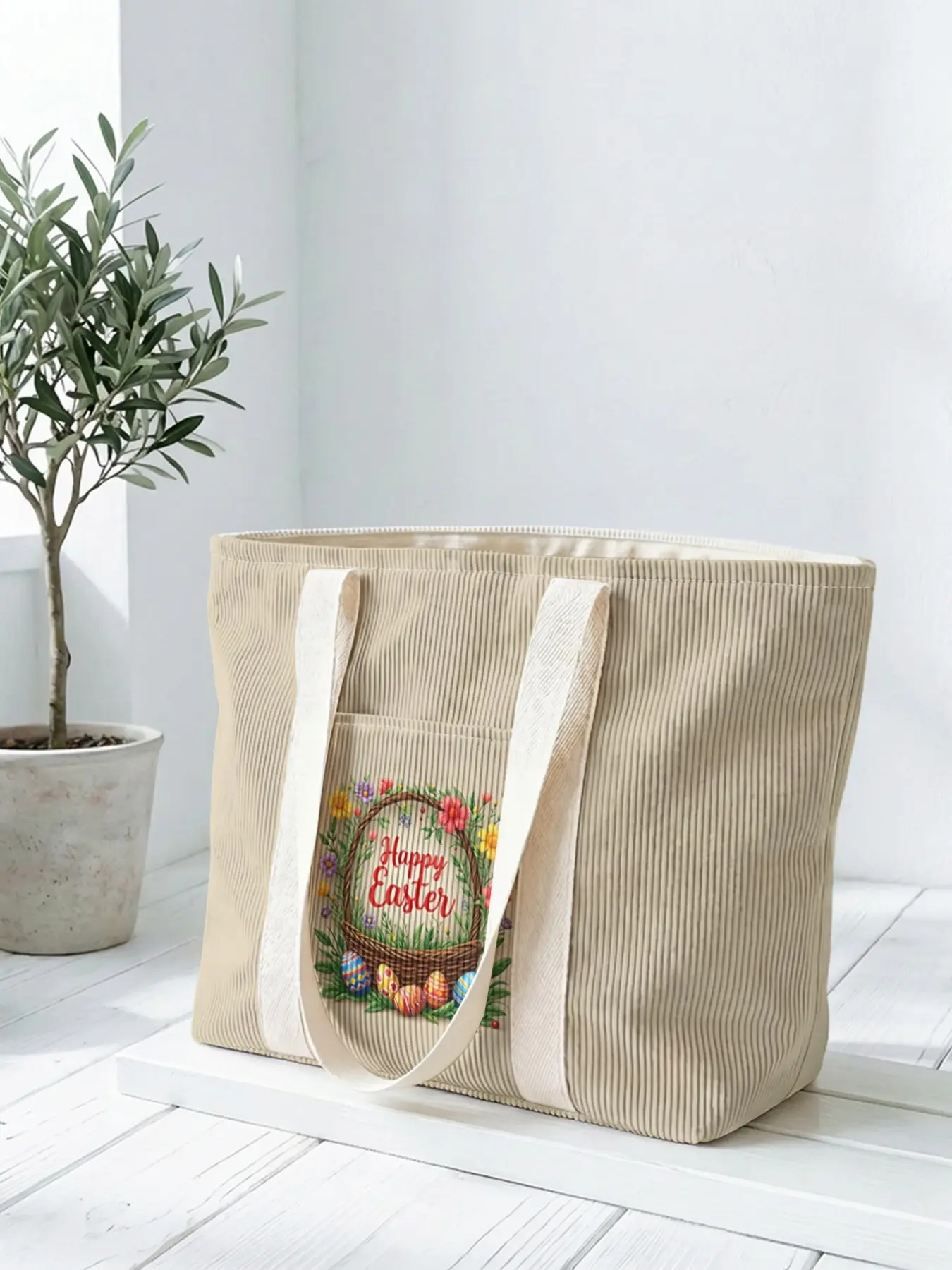 1 piece of Easter egg wreath 'Happy Easter' pattern 2D printed tote bag, large capacity space|commuting/shopping/working all-purpose|carry the gentleness and faith of Easter in your hands, Easter
