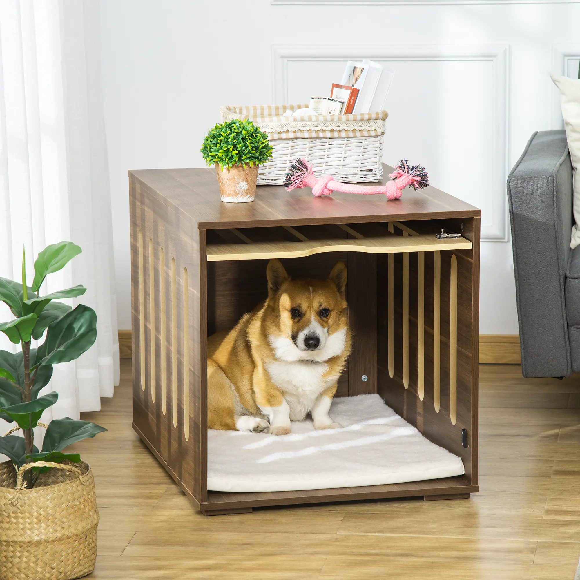 Furniture-Style Wood Dog Crate End Table, Sliding Removable Door Panel, Safety Lock, Foam Cushion, Ventilated Elevated Bottom Decorative Indoor Kennel for Small-Medium Dogs Up to 33 lbs (Wood Crates Category), Wood Crate Crates