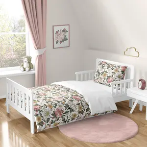 Sweet Jojo Designs Vintage Floral Boho Girl Toddler Kid Childrens Comforter Bedding Set - 5 pieces Comforter, Sham and Sheets - Blush Pink, Yellow, Green and White Shabby Chic Rose Flower Farmhouse