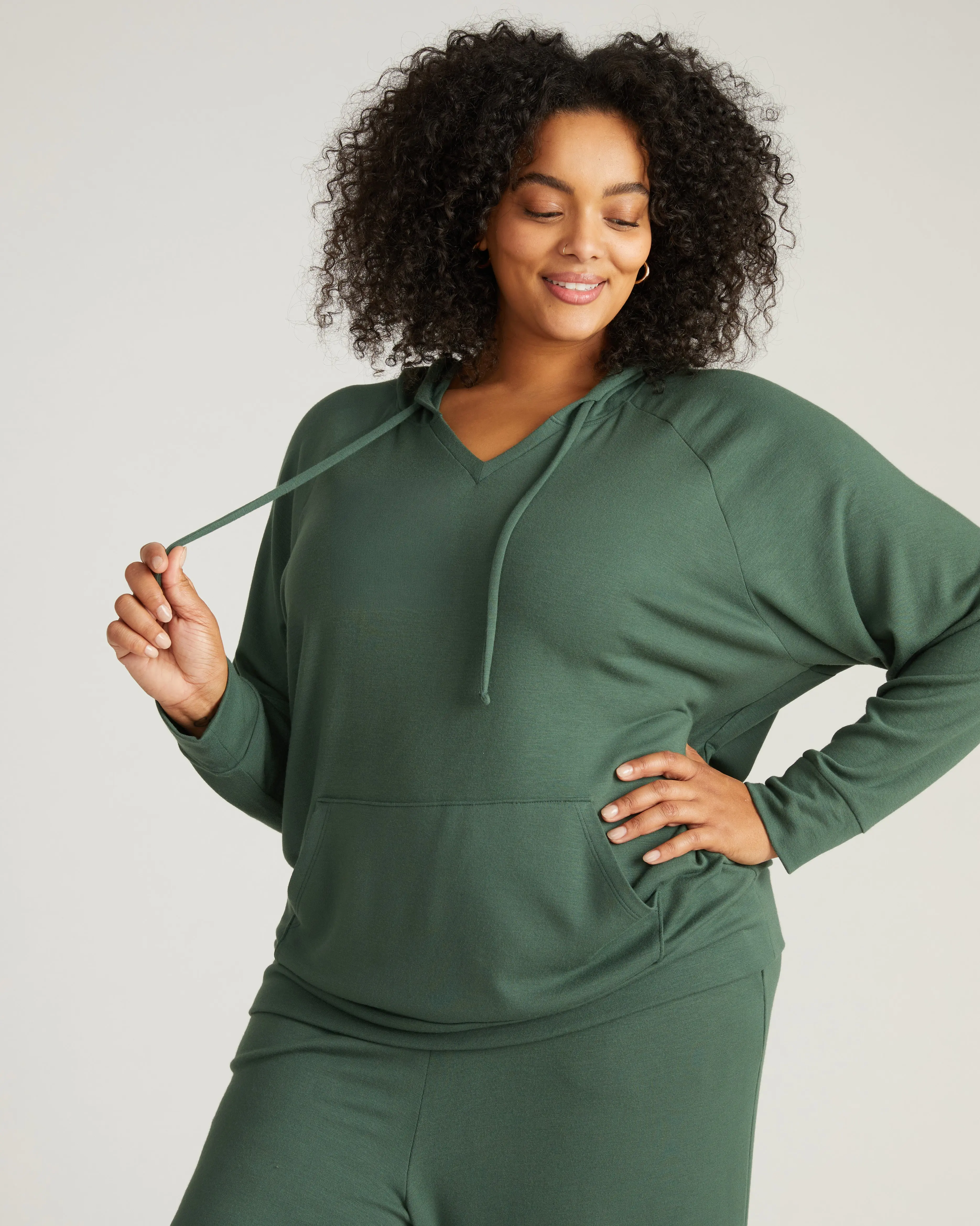 Women's TravelKnit V-Neck Hoodie Sweatshirt - Basic Pullover with Kangaroo Pocket for Comfortable Travel, Layering Outfits, Conifer, Sweatshirts, Women's Clothes, Pullover Hoodie, Easy Fit, Comfy Ootd, Casual, Tops, Women's Hoodies