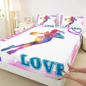 Basketball Lovers Kids Fitted Sheet,Modern Sports Games Competition Bedding Set,Girls Boys Adults Room Decor,Hand Painted Fashion Bed Cover,Pink Purple Bed Sheet
