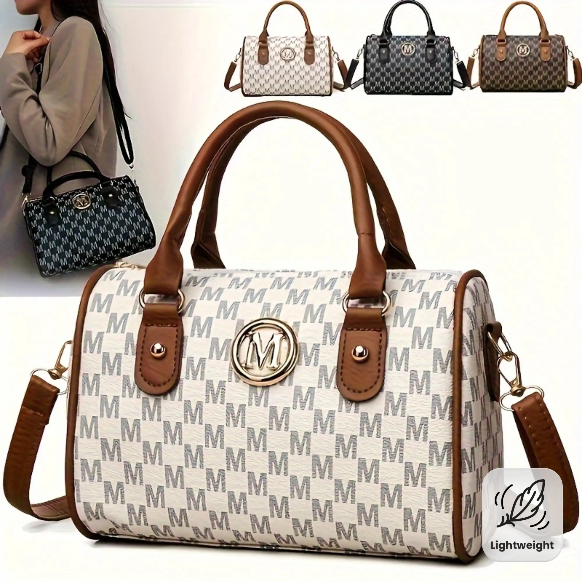 Letter-Printed Convertible Shoulder Bags for Women, Lightweight Leather Handbag with Top Handle, Gold M Logo & Detachable Strap