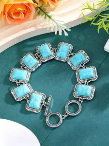 1pc Red/Blue Vintage Ethnic Alloy Geometric Rectangular Synthetic Turquoise Jewelry Bracelet, Perfect for Beach Vacation