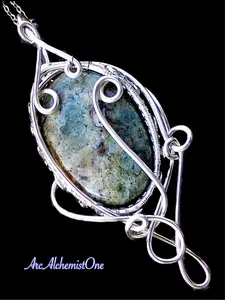 Carmella Sterling Silver Plated Copper Natural Blue Jasper Elven Elvish Victorian Fantasy Wire Wrapped Gemstone Pendant Necklace