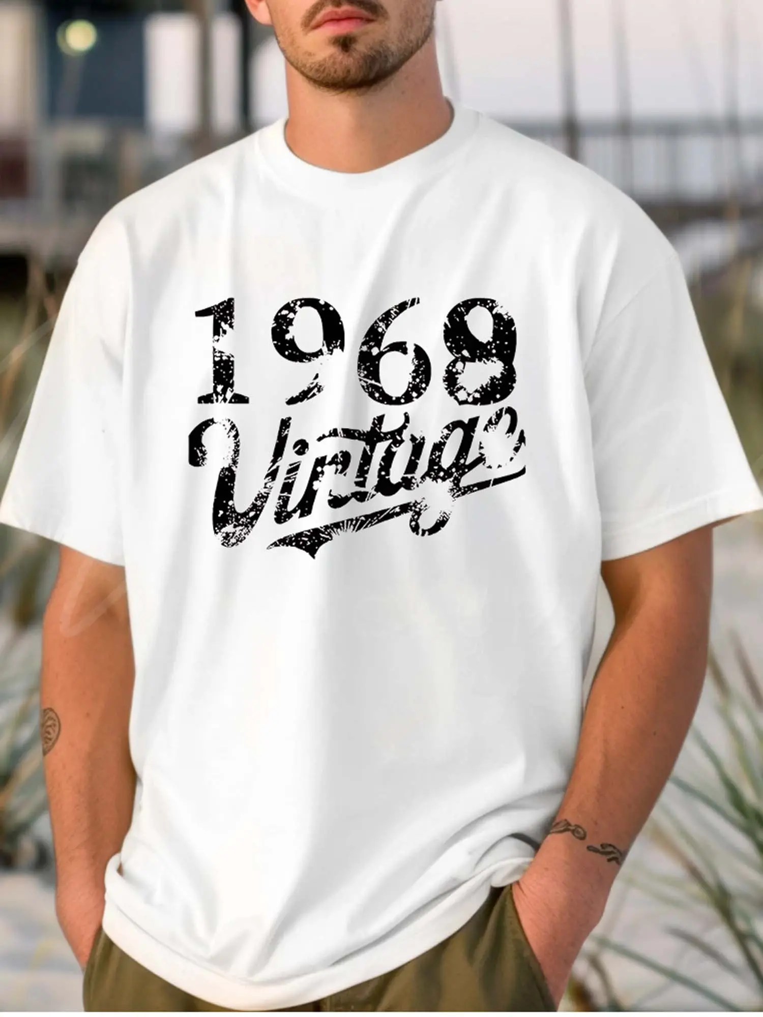 Men's White Cotton T - shirt_ _1968 Vintage_ Retro unisex soft cotton short sleeve t shirt, vintage graphic casual tee for men women teens, perfect birthday holiday gift for camping travel gym daily street  wear