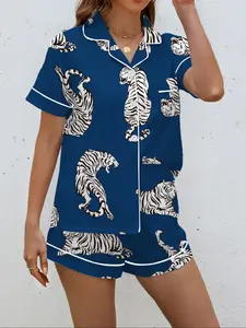 Women's Tiger Print Sleepwear Set, Cute Style, Short Sleeve Open Front Top & Elastic Shorts, Casual All-Season Home Wear
