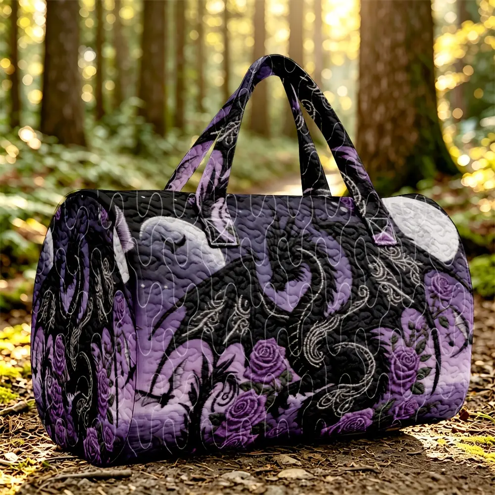 Black 1pc Dragon Purple Rose Pattern Quilted Cylinder Travel Handbag, Dark Fantasy Gothic Floral Style, Large Capacity Overnight Short Trip, Suitable for Women Who Love Mysterious And Fantasy Themes