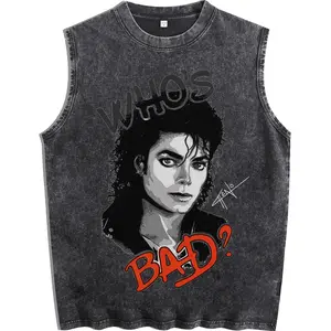 Vintage Washed Michael Jackson "Who’s Bad?" Graphic Sleeveless Tee – Retro 80s Pop Icon Vest, Heavyweight Cotton, Streetwear Oversized Fit, Unisex summervibes☀️