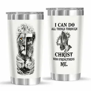 Religious Lion Jesus Cross 20oz Stainless Steel Tumbler Christian Faith Prayer Print Insulated Travel Mug Vacuum Sealed Leak Proof Cup For Church Office Daily Coffee Camping Gift