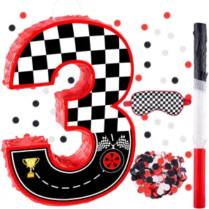 16 Inch Number 3 Race Car Pinata with 16 Inch Piñata Stick Blindfold Confetti for Boy Girl Kids 3rd Birthday Party Decorations