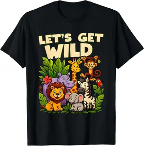 Casual Cotton shortsleeve tees  Let's Get Wild Jungle Animal Safari A Day at Zoo Party T-Shirt