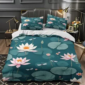 2/3Pcs Comfortable Lotus Leaf And Dragonfly Pattern Quilt Cover Set With High-Definition Digital Printing, Suitable For All Year Round! Clearance Sale Perfect Gift 100% Polyester Fiber Machine Washable (1 Duvet Cover +1/2 Pillowcase, No Filling)