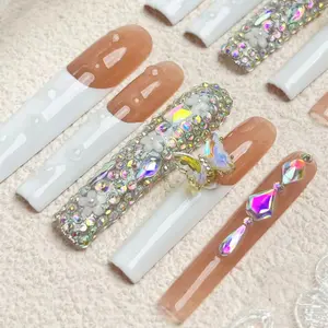Butterfly Rhinestone Decor Fake Nails Kit, 10pcs Long Square Glossy False Nails for Women Girls Nail Art, Glitter Decorative Nails, Elegant Rhinestone Decorated, Effortless Press on Nails Manicure Set