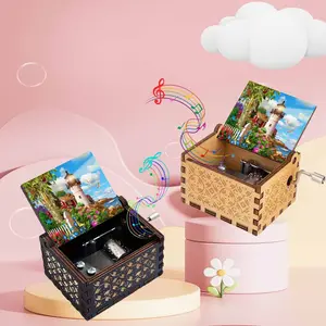 1pc Vintage Wooden Hand-Cranked Music Box, Charming Lighthouse with Vivid Butterflies pattern, Play You Are My Sunshine, Music Box Gift for Family and Friends, Ideal for Birthdays, Christmas gifts, Decor Ornaments