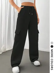 Women's Solid Color Athletic Cargo Jogger Sweatpants, Heavyweight 100% Oversized Workout Pants, Adjustable Drawstring Waist & Multiple Pockets, All-Season Gym Pants