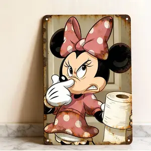 DISNEY CLASSIC Minnie Mouse Funny Bathroom Vintage Metal Tin Sign - Retro Toilet Paper Humor Wall Decor, Rustic Cartoon Art for Bathroom/Toilet/Laundry Room, Perfect Disney Fan Gift