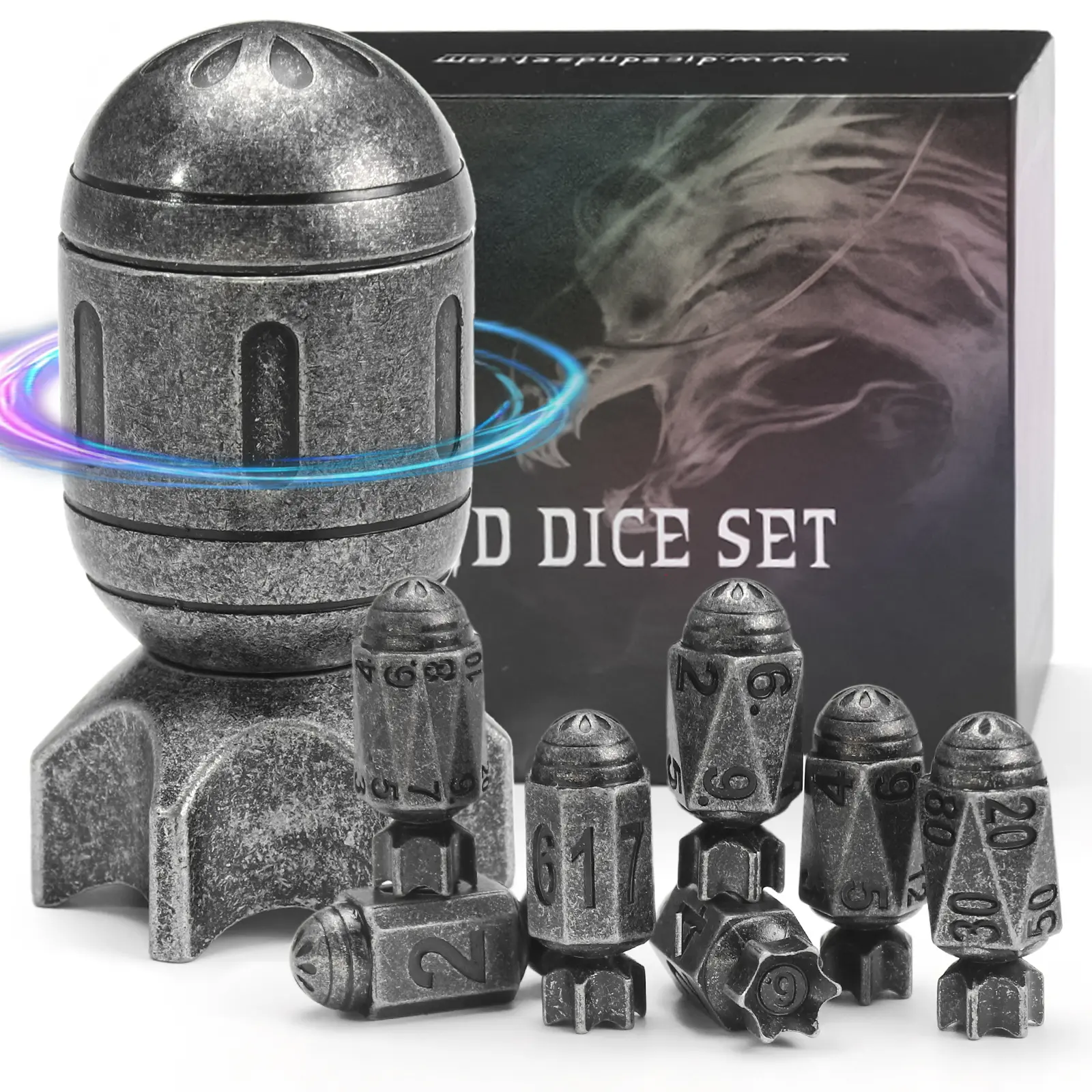 FONVGOGO 7-Piece Metal Polyhedral Dice Set for DND, Bullet-Style Design, with Spinning Missile-Shaped Container, Ideal for Dungeons & Dragons Gifts