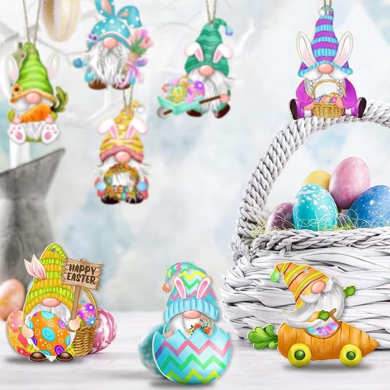 24 Piece Easter Holiday Wooden Hanging Decorations with Bunny and Egg, Mdf Craft Ornaments for Festive Home Decor, Wooden Gnome Decorations