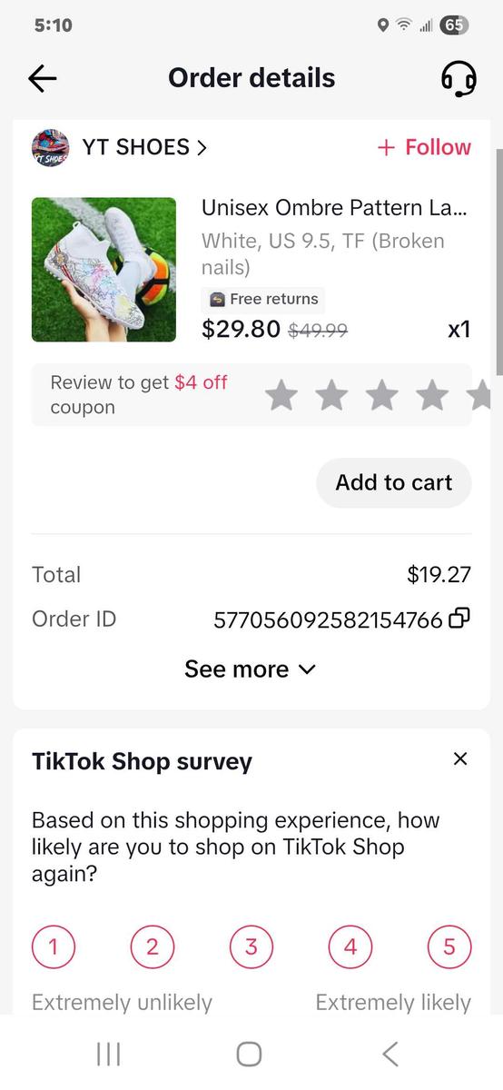 Item: White, US 9.5, TF (Broken nails)