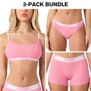 PSD Womens Pink Rib 3 Pack Set - Scoop Bralette, Thong, and Boy Short Underwear - Soft, Breathable Rib Fabric