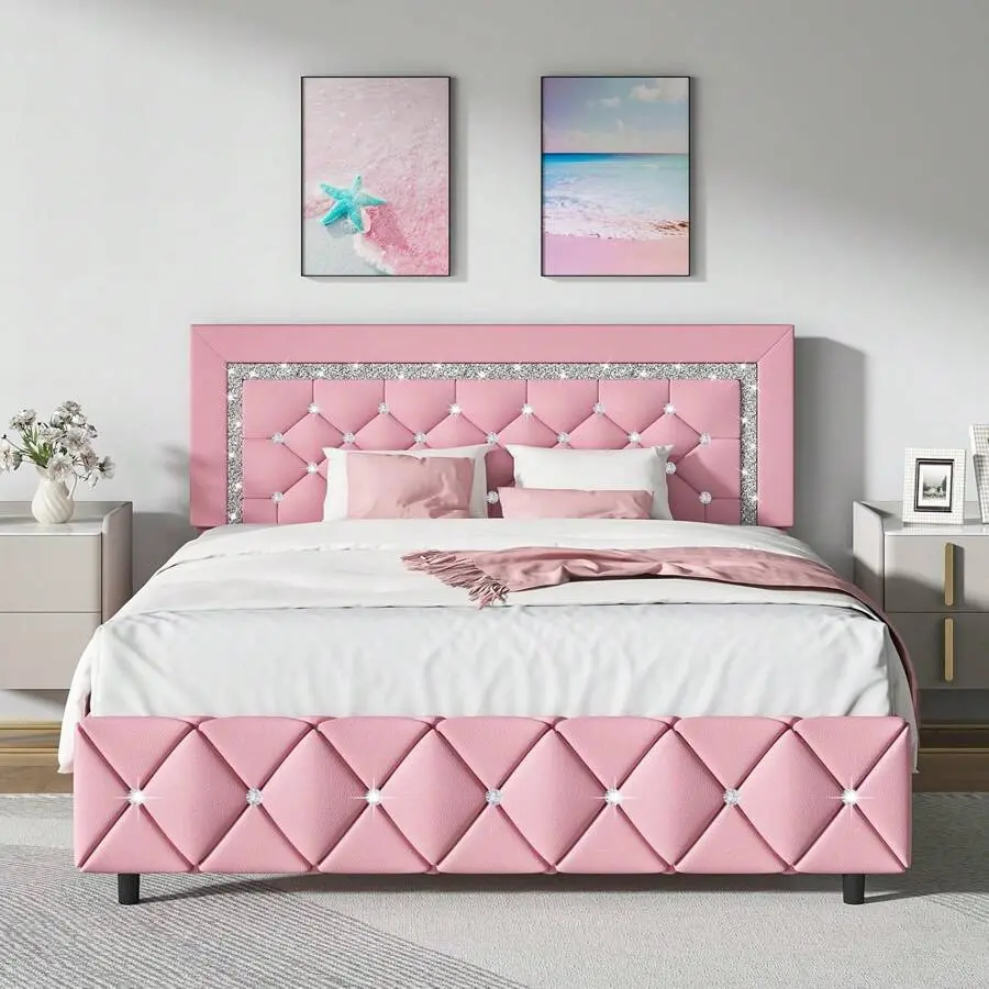 Twin/ Full/ Queen/ King Size Bed Frame, Upholstered Bed Frame With Diamond Headboard And Footboard, Pearl White/ Beige/ Black/ Grey/ Pink/ Purple/ Green, Full Size Bed, Modern Bedroom