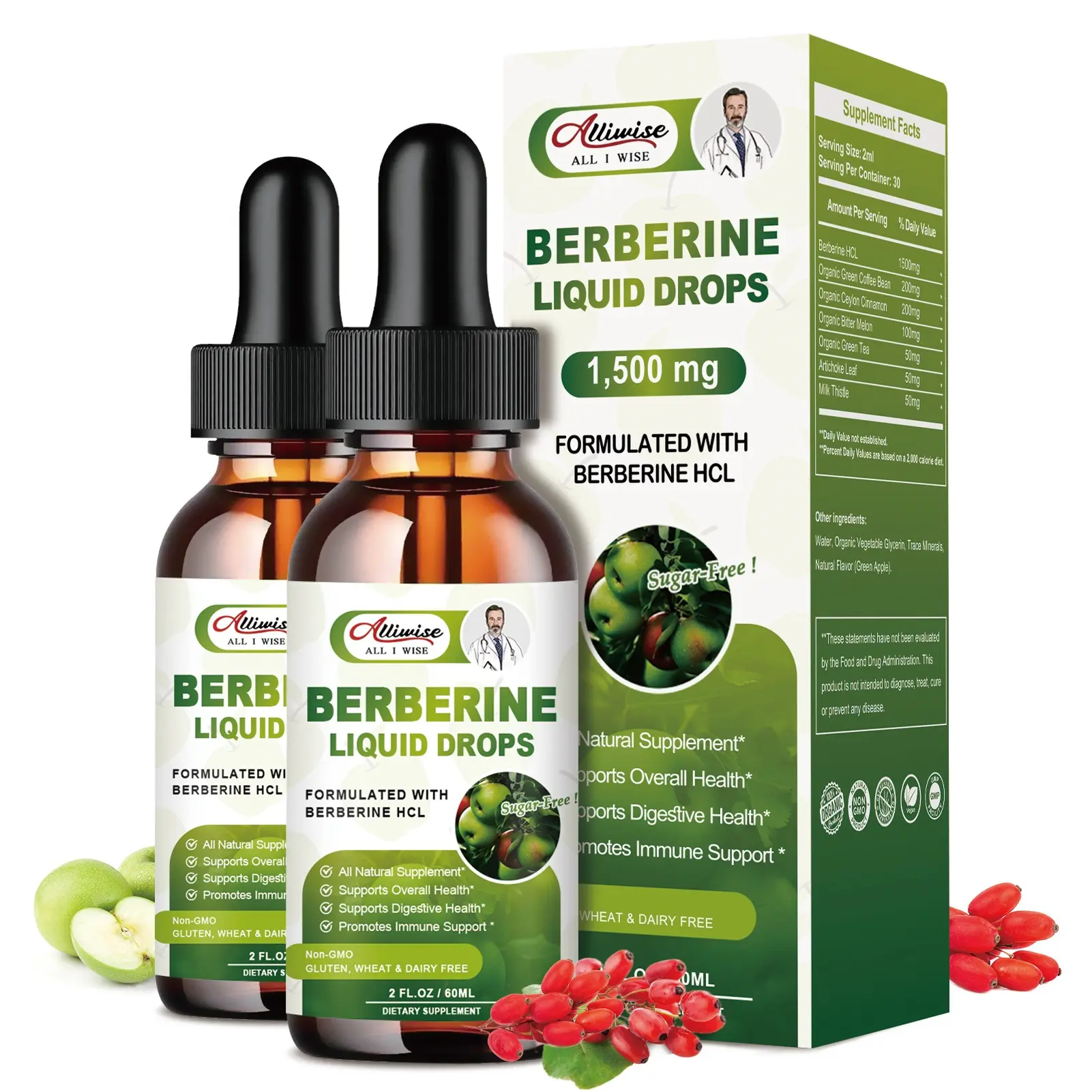 (2 Pack) Organic Berberine HCL Liquid Drops Supplements - 1500mg Premium Formula with Pure Ceylon Cinnamon, Natural Antioxidant Herbal Ingredients - Supports Immune, Digestive Systems - 4 Fl Oz