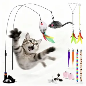 4-in-1 Interactive Indoor Cat Teasing Toy - 12 Durable Fishing Rod Cat Feather Toy Replacement Parts - Enhanced Suction Cup Cat Wand Toy - 2 Types of Door Hanging Cat Rope Toys Suitable for Indoor Kittens and Cats - Cool Cat Supplies