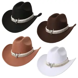 1pc Western Cowboy Hat for Men & Women - Classic Solid Color, Wide Brim, Beige with Metallic Bull Head & Woven White Cone Buckle Detail