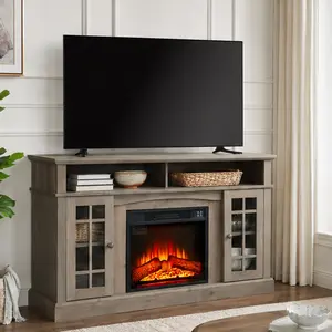 ARCH 58.25in TV Media Stand with 23in Fireplace Inset for TVs up to 65in, Grey Wash MDF+Glass Entertainment Console with Open and Closed Storage, Cable Management, Remote Control, Living Room Furniture, Grey Wash Color Options, MDF+glass Material