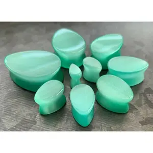 PAIR of Unique Sea Foam Green Cat Eye Stone Double Flare Teardrop Plugs - Gauges 2g (6mm) up to 1" (25mm)