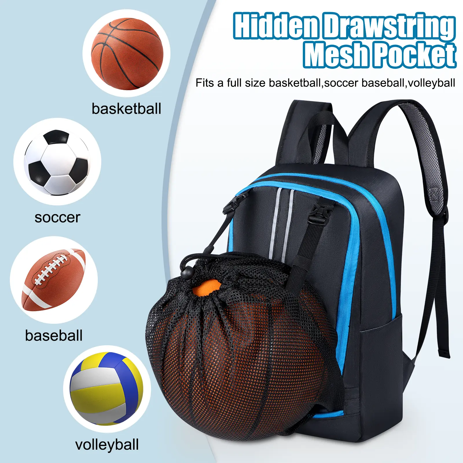 Men's Sports Backpack, Waterproof Nylon Large-Capacity Bag for Basketball, Football, Volleyball with Shoe Compartment and Mesh Ball Pocket