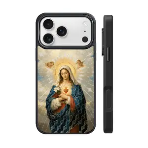 High-end phone case with Virgin Mary design, compatible with iPhone 17/16 Pro Max/15 Plus/14/13/12/11 Air/XS/XR. Features magnetic closure, sparkling Virgin Mary pattern, comfortable feel, and provides drop and shock protection.
