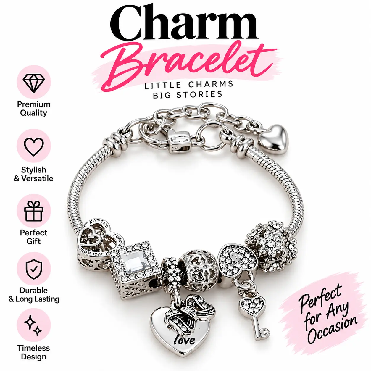 Women's Elegant Bow & Heart Design Charm Bracelet, Exquisite Trendy Charm Bracelet, Fashionable Casual Trendy Jewelry for Women & Girls As Gift
