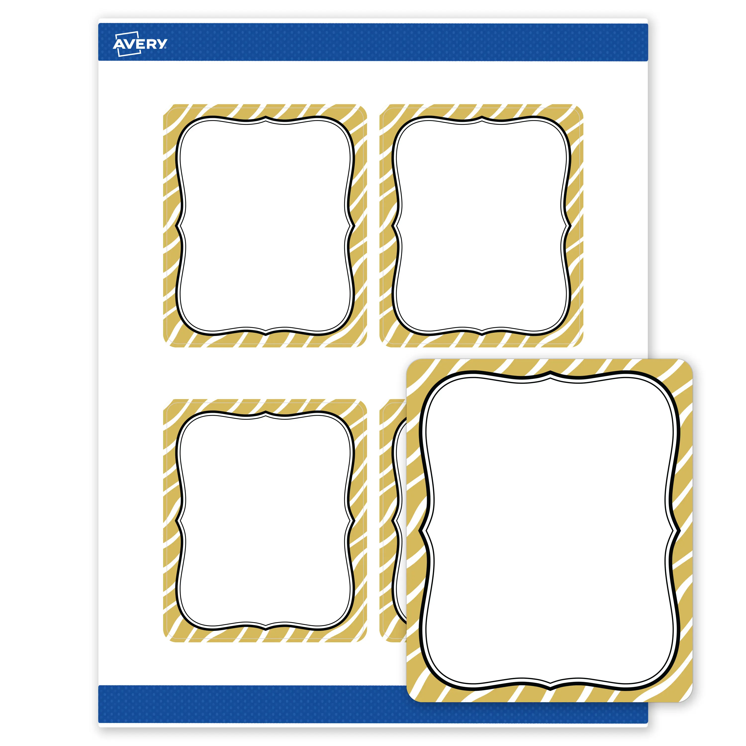 Avery Printable Rectangle Labels, 4" x 3-1/3", Matte White, Pre-printed Metallic Gold Zebra Pattern Design, Sure Feed Technology, Laser & Inkjet Compatible, 80 Total