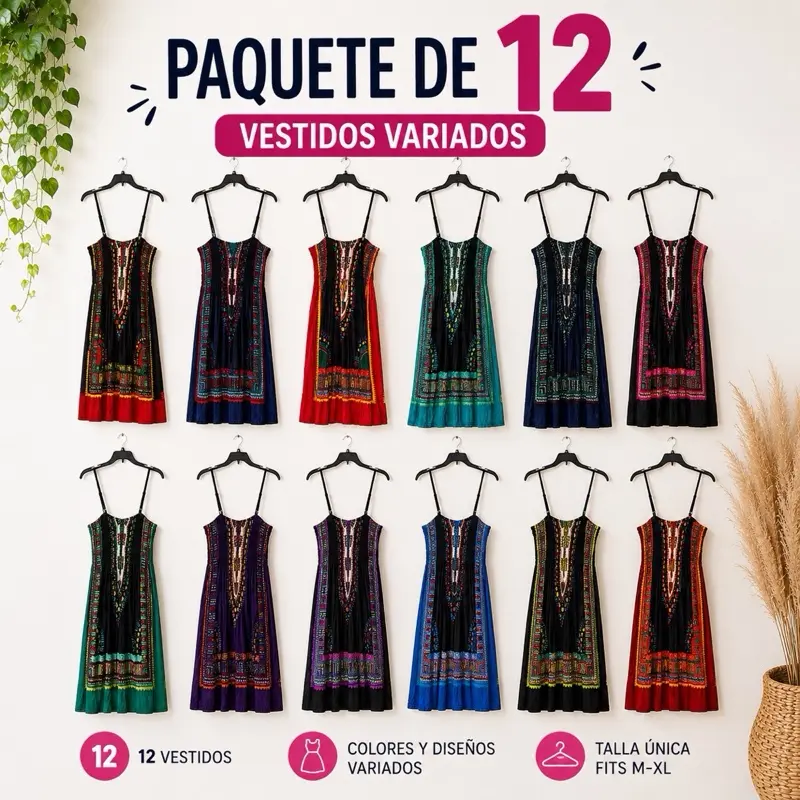 Women’s Boho Printed Dress – Pack of 12 | Assorted Colors | 1 Size Paquete de 12 | Colores Variados | Talla Única