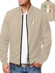 Men's Ireland Print Zip Up Jacket, Regular Fit Casual Long Sleeve Baseball Collar Outerwear for Fall & Winter, Men's Clothes for Daily Wear, Coats