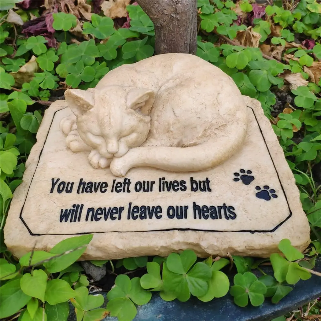 Cat Memorial Stones Grave Markers with Sleeping Cat Statue Top, Sympathy Memorial Gifts for Cat Loss, Outdoor Garden Cemetery Markers 8.5"x7"x3.5"