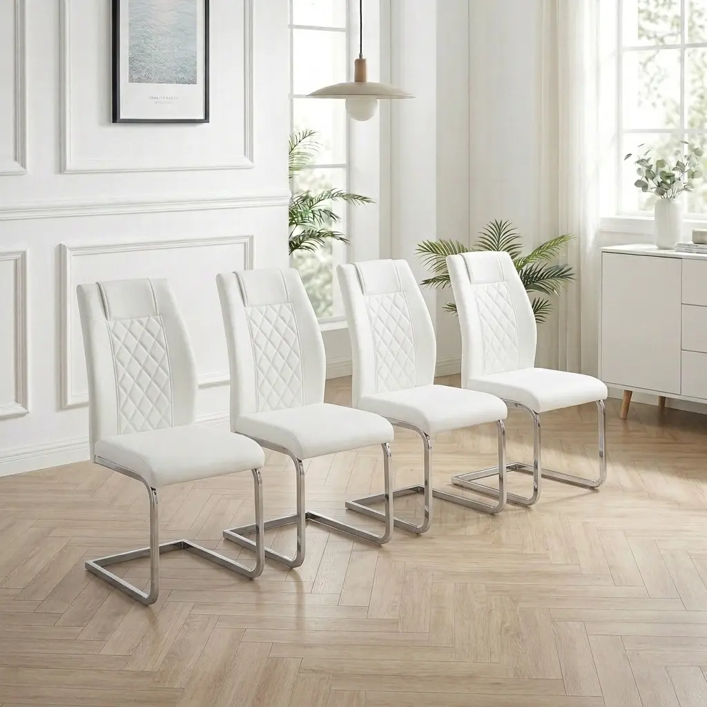 Modern Dining Chairs Set of 4, High Back PU Leather Kitchen Chairs with Silver Metal Legs, Thickened Seat & Backrest, Ergonomic Design, Comfortable & Easy Assembly, for Dining Room/Kitchen/Living Room, White