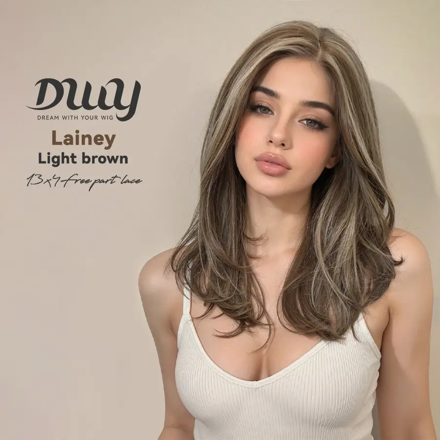 Lainey - DWY 13×4 Free Parting Hand -Tied Top Middle Length Light Brown with Highlights  Glueless Synthetic Wig for Women 18 Inches
