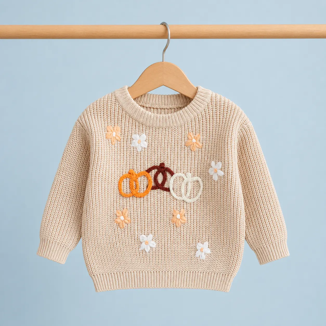 Baby Girls' Halloween Warm Knit Sweater, Casual Pumpkin & Floral Embroidery Infant-Toddler Pullover Top