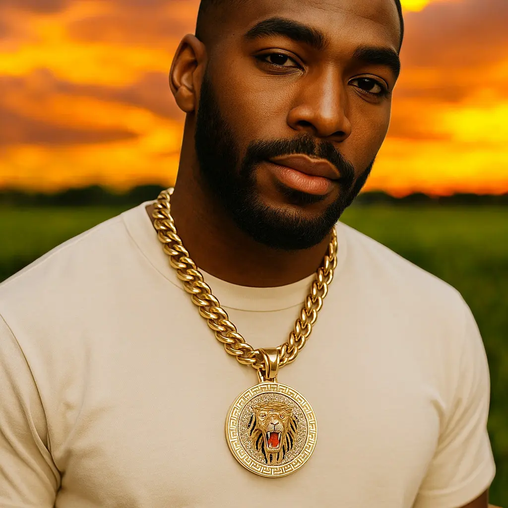MaxBling81 Men's Gold-Plated Miami Cuban Link Chain Necklace with Iced CZ King Lion Pendant, Hip Hop Chunky Gold Jewelry for Adults (10mm, 18-30in), Miami Cuban Chain Necklaces, Casual, Daily Wear, Unisex, Hiphop Gold Glow