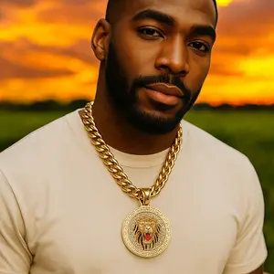 Men's Hip Hop Iced CZ King Lion Medal Gold Plated Pendant & 10mm 18" 20" 24" 30" Cuban Chain Necklace