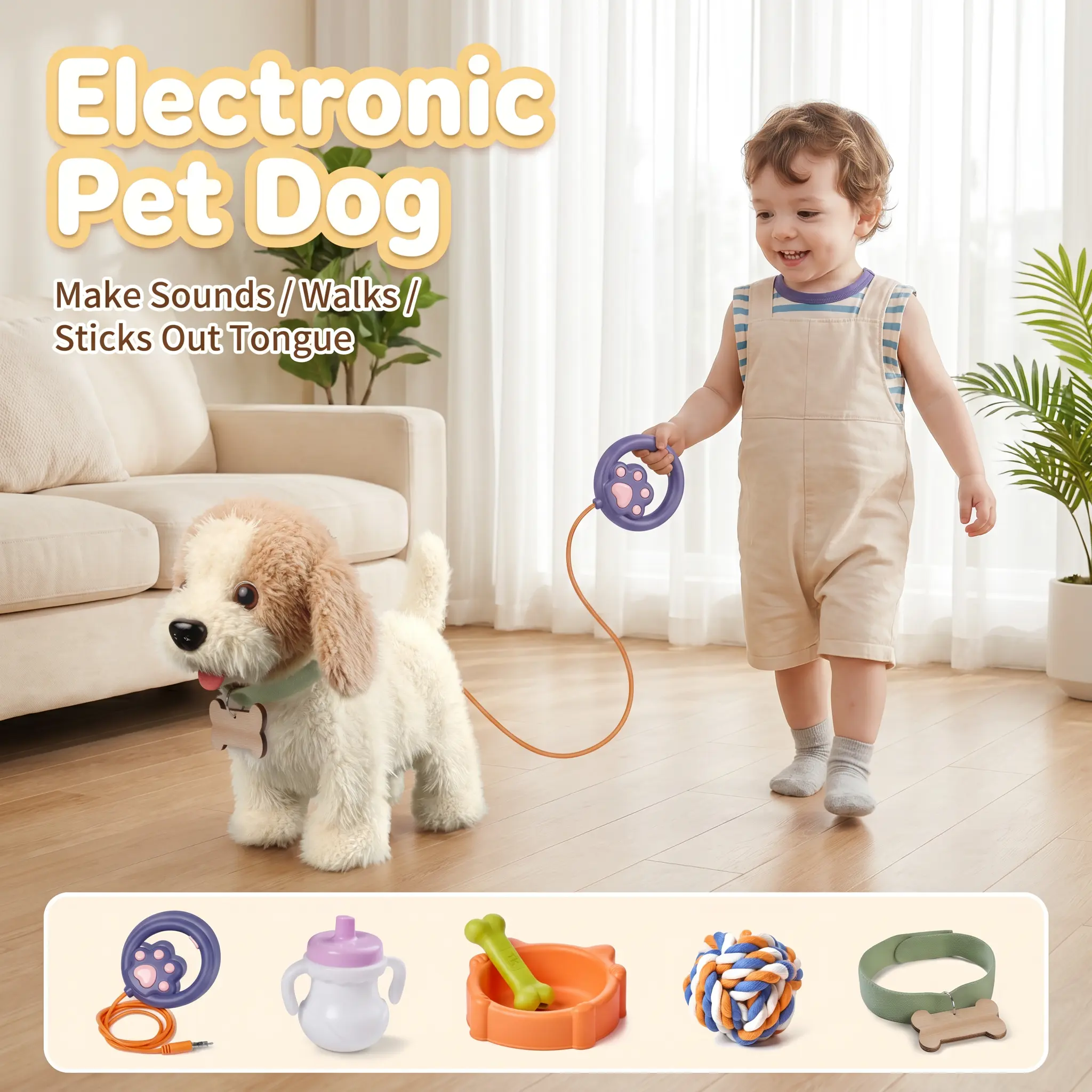 TUMAMA Realistic Interactive Puppy - Walking, Barking Dog Toy with Leash & 6 Songs!  Touch & Voice Activated Smart Pet with DIY Feeding Set, Soft Huggable Plush for Imaginative Play & Emotional Development