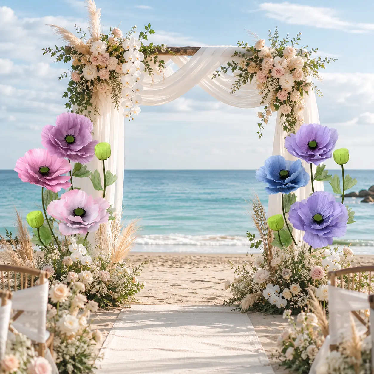 Pastel Garden Muse Giant Paper Poppy Flowers, Single or Multi-Bloom Floral Props for Indoor and Outdoor Weddings, Parties and Photo Backdrops