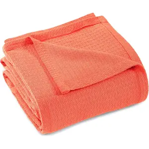 Waffle Weave Cotton Blanket, for, Beach, Traveling or Camping, Comfy Blanket, Bedroom,, Cover for Bed, Couch, Lounging, Knit, Full/Queen, Coral