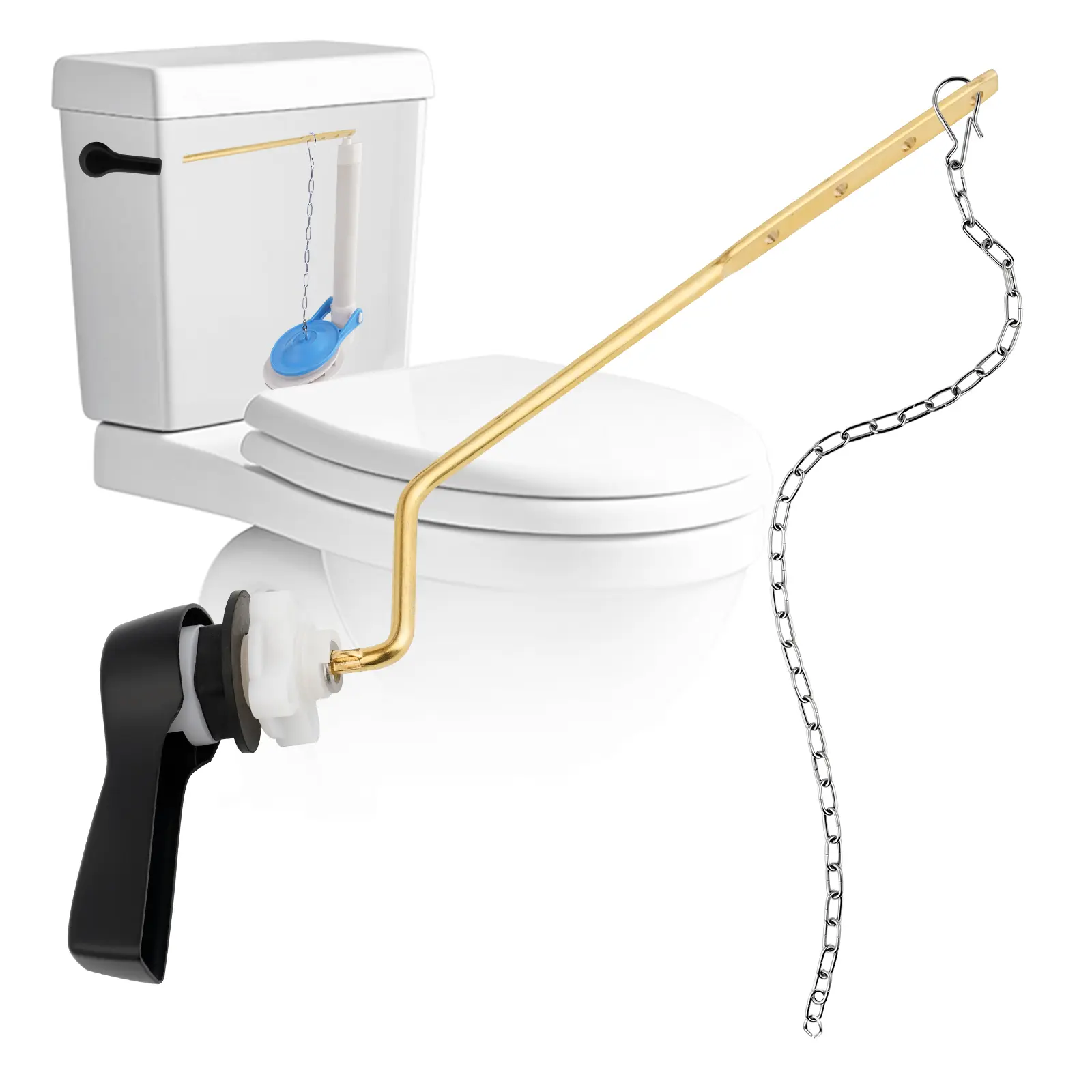Hibbent Universal Metal Side Mount Toilet Handle Replacement Kit, Matte Black Solid Brass Toilet Flush Tank Lever with Stainless Steel Adjustable Flapper Chains, Side Tank Toilet Handle for Most Toilets