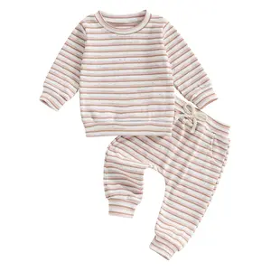Toddler Baby Boy Girl Outfits Stripe Waffle Knit Long Sleeve Sweatshirt Pullover Tops and Long Pants Kids 2pcs Fall Clothes Set