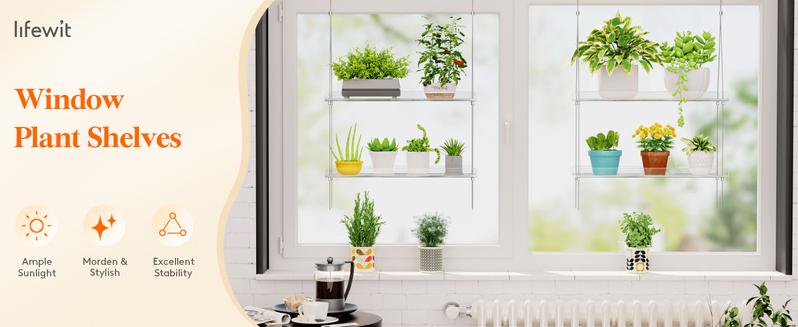 Lifewit Adjustable Acrylic Hanging Plant Shelf,   Floating Shelf,  2-4Tier Window Shelf for Indoor Herbs, Succulents & Seed Starter Home Flower