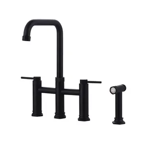 WOWOW Elegant Brass Double Handle Bridge Kitchen Faucet with Side Sprayer, 59 in. Hose, and Supply Lines in Matte Black