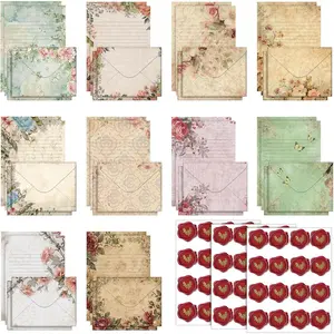 160 Pcs Stationery Paper Set 50 Double Sided Stationery Papers with 50 Matching Envelopes and 60 Round Dot Sticker, 10 Design(Vintage Floral,5.5 x 8.25 Inch)